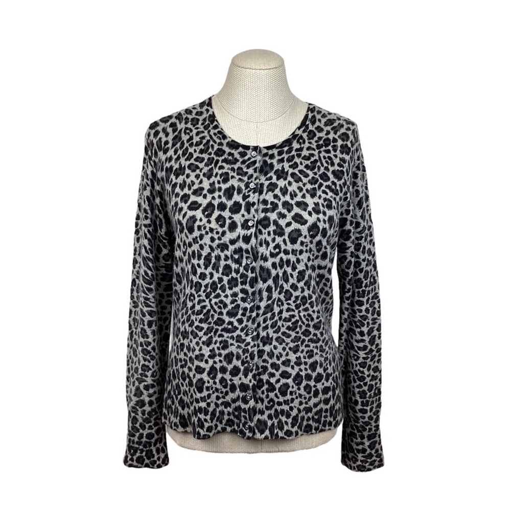 Apt. 9 Womens 100% Cashmere Leopard Print Button Front Cardigan Sweater Grey L
